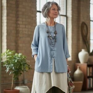 J. Jill Denim Chambray French Knot Button Up Asian Inspired Shirt Blue Size LP